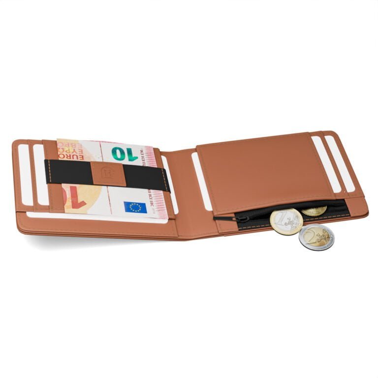 portofel maro deschis cu bandă elastică pentru bancnote și buzunar pentru monede